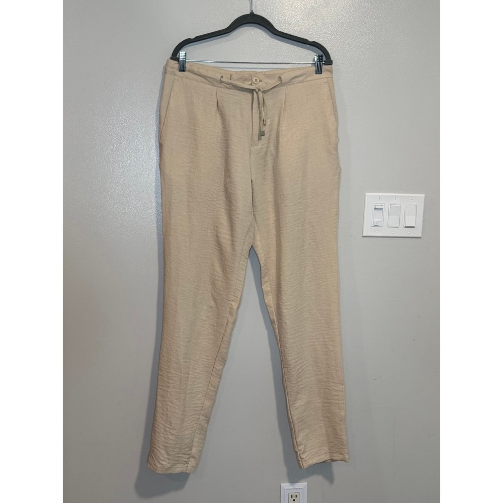 Zara Premium Denim Women Slim Trousers Tan Beige Drawstring Waist Size 36